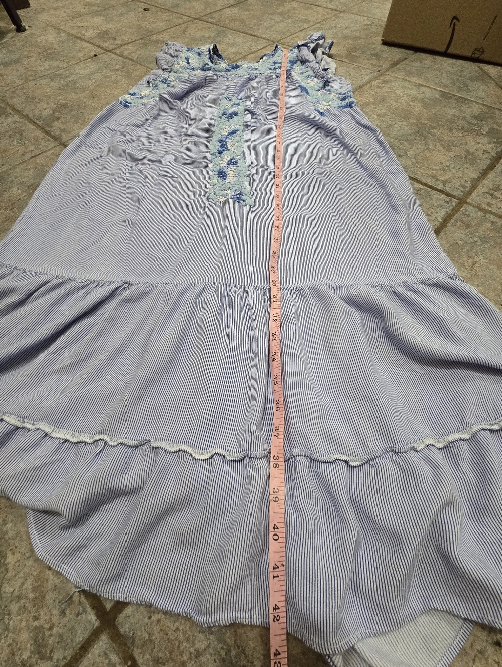 Embroidered Light Blue Midi Dress with Flutter Sleeves - Women - Picture 9 of 9